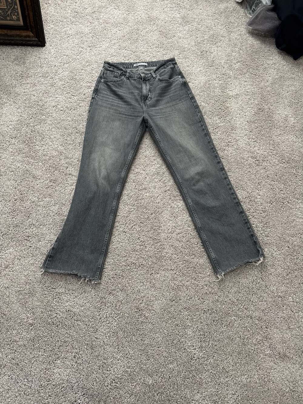 Zara High-Rise Straight Leg Jeans in Washed Grey with Raw Hem